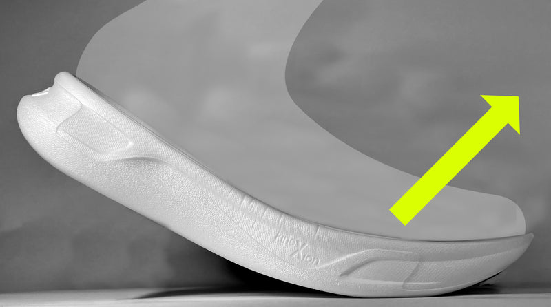 Side view of foot illustration on top of a January shoe's midsole that is bending forward and toeing off the ground. On top is a green arrow accross the front of the foot and pointing upwards.