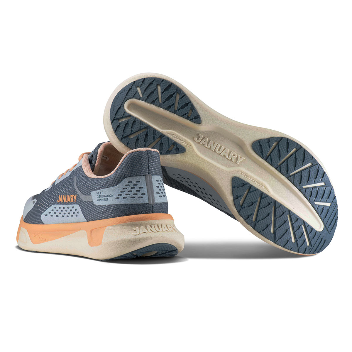 Twilight Fog shoe pair. Back of shoe and bottom of sole.
